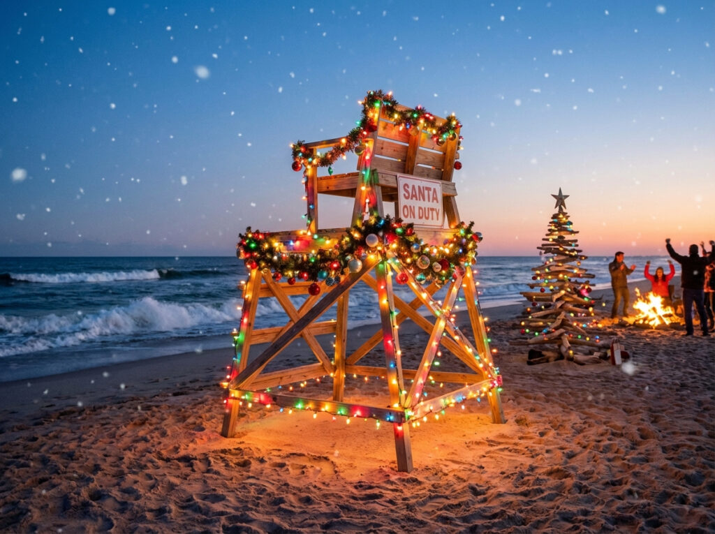 Deck the Chairs Jacksonville Beach holiday event December decorated lifeguard stands