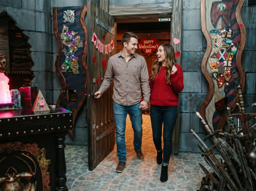 Couple enjoying an escape room on valentines day. The four kingdoms at Mind Bender Escape Rooms.