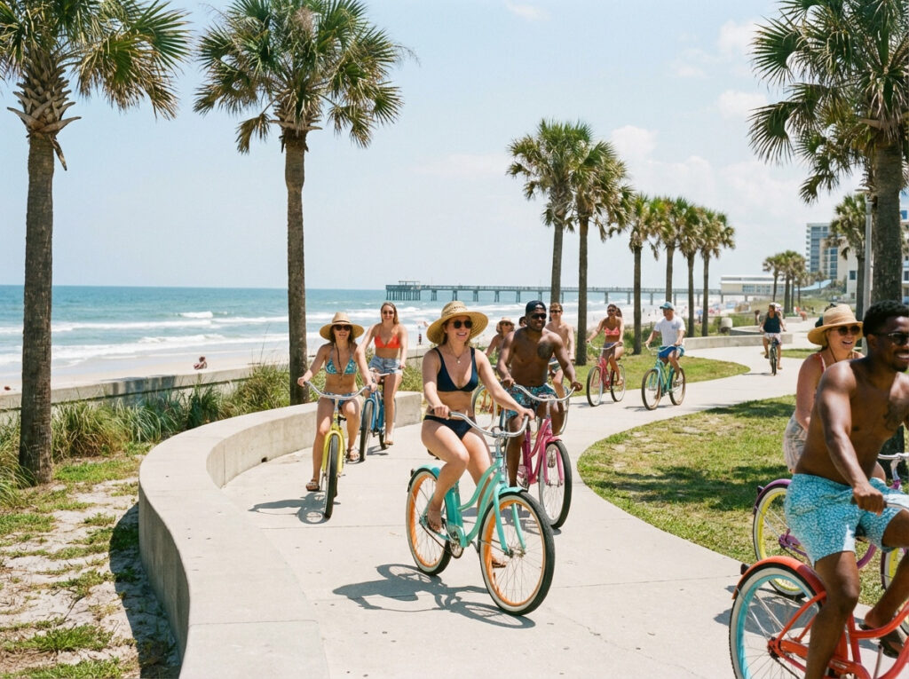 People biking near the beach enjoying a nice sunny day